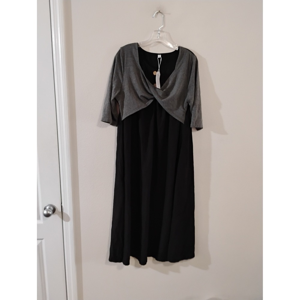 Black and Grey Twist Front V-Neck Midi Dress with 3/4 Sleeves XL